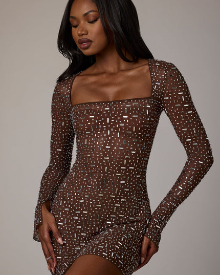 Deep Cocoa Sheer Embellished Long Sleeve A-Line Mini Dress