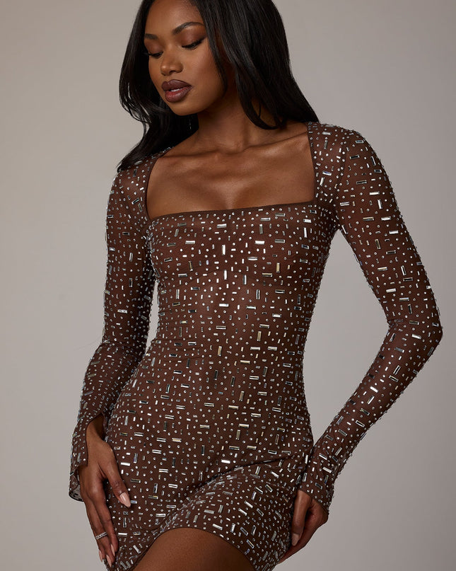 Deep Cocoa Sheer Embellished Long Sleeve A-Line Mini Dress