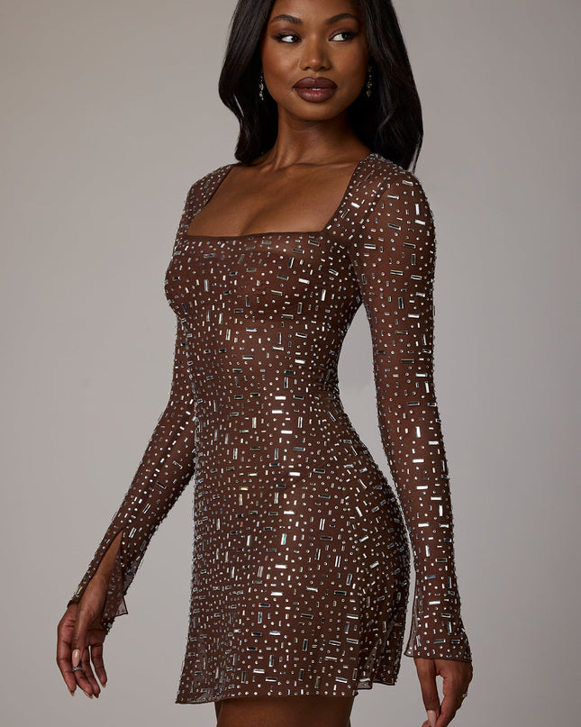 Deep Cocoa Sheer Embellished Long Sleeve A-Line Mini Dress