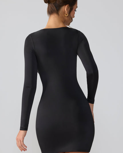 Black Slinky Jersey Long Sleeve Plunge Neck Mini Dress
