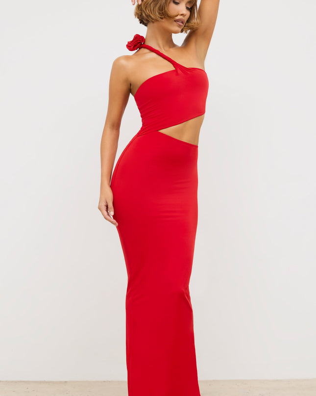 Scarlet Red Jersey Asymmetric Cut Out Maxi Dress