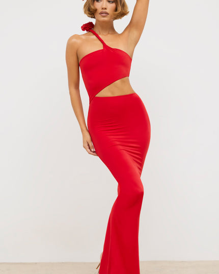 Scarlet Red Jersey Asymmetric Cut Out Maxi Dress