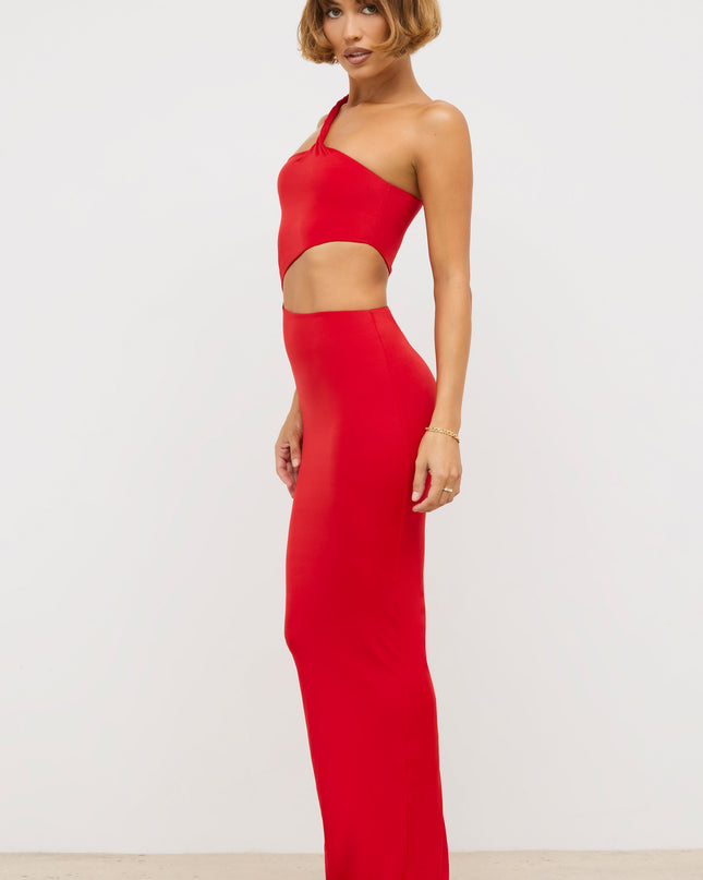Scarlet Red Jersey Asymmetric Cut Out Maxi Dress