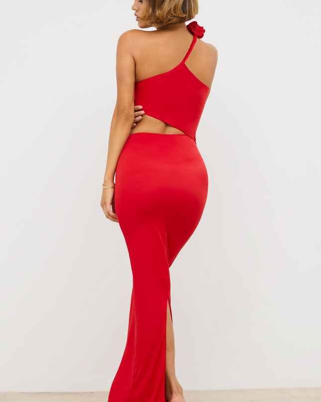 Scarlet Red Jersey Asymmetric Cut Out Maxi Dress