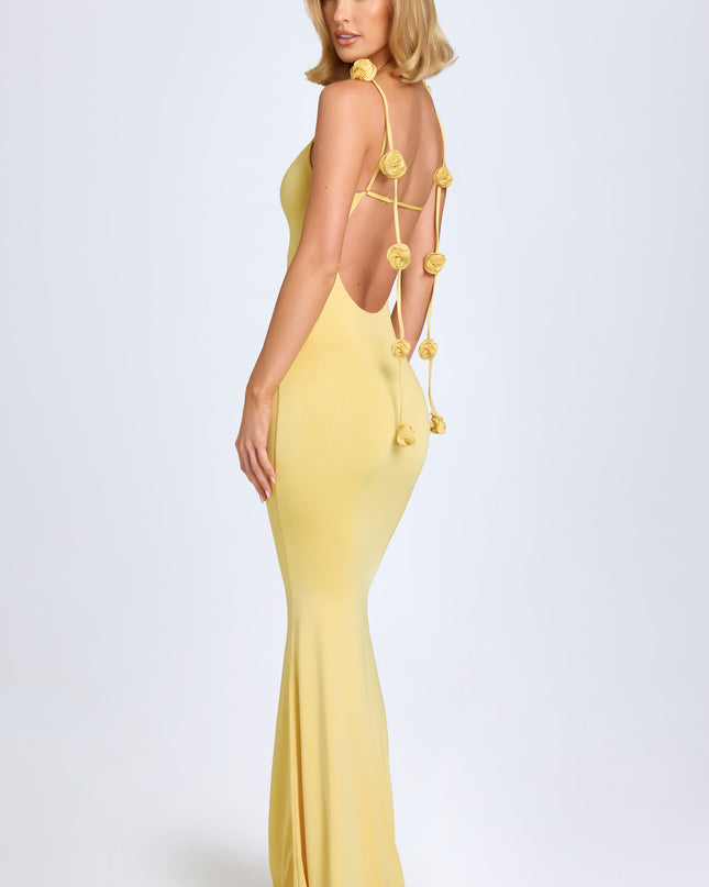 Pastel Yellow Slinky Jersey Floral-Appliqué Gown