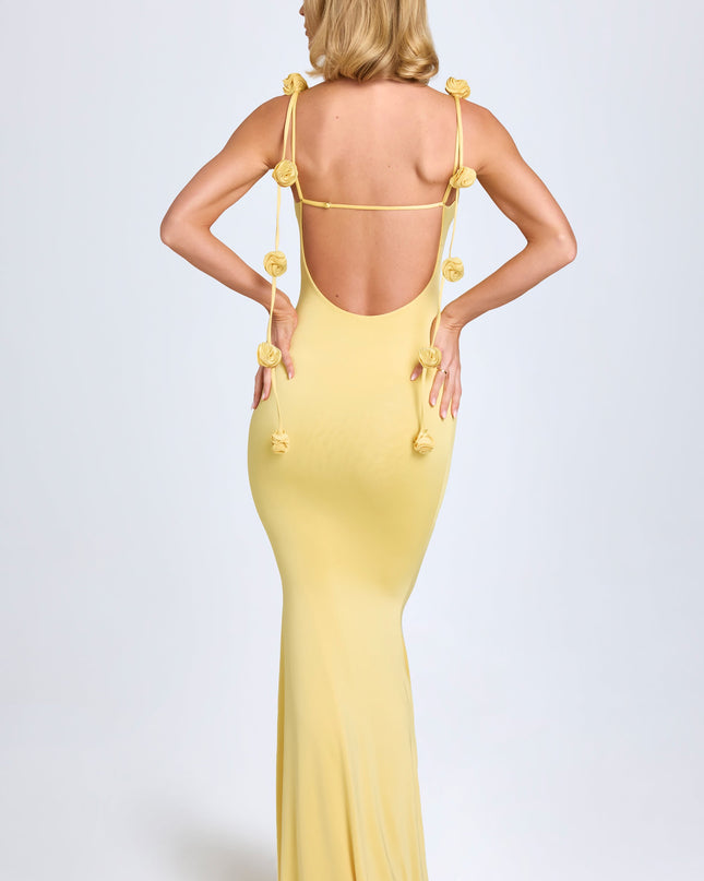 Pastel Yellow Slinky Jersey Floral-Appliqué Gown