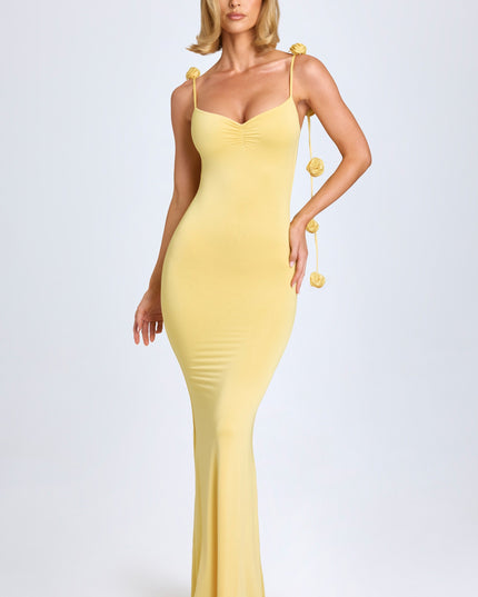 Pastel Yellow Slinky Jersey Floral-Appliqué Gown