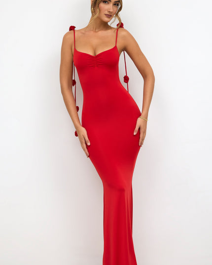 Scarlet Red Slinky Jersey Rose Detail Evening Gown