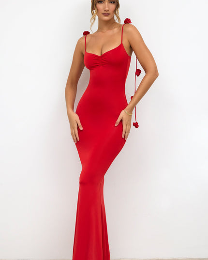 Scarlet Red Slinky Jersey Rose Detail Evening Gown