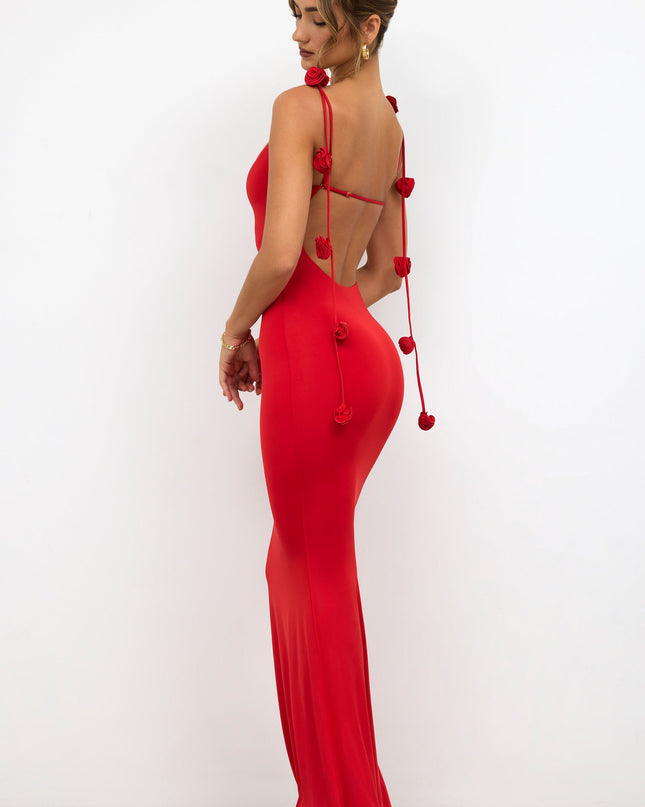 Scarlet Red Slinky Jersey Rose Detail Evening Gown