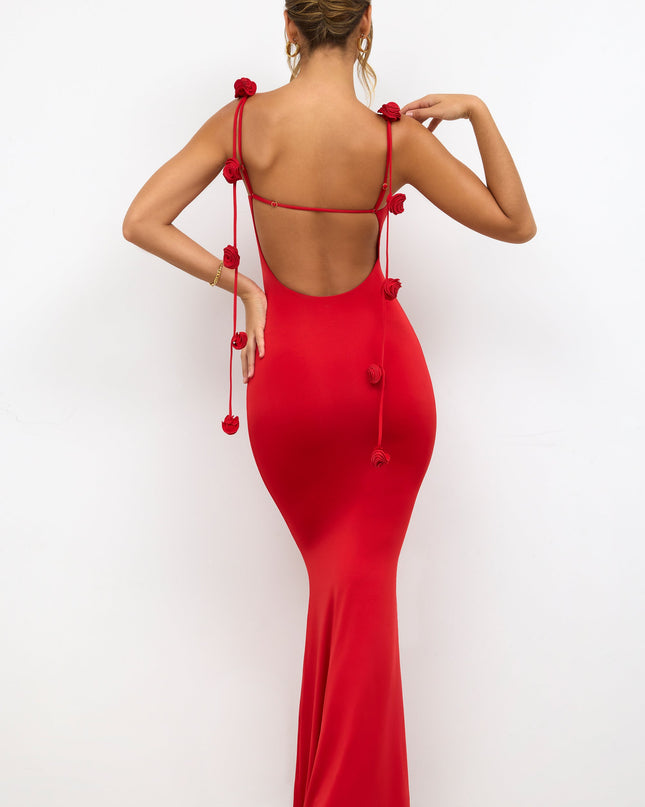 Scarlet Red Slinky Jersey Rose Detail Evening Gown