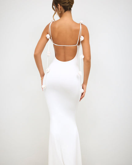 White Slinky Jersey Rose Detail Evening Gown