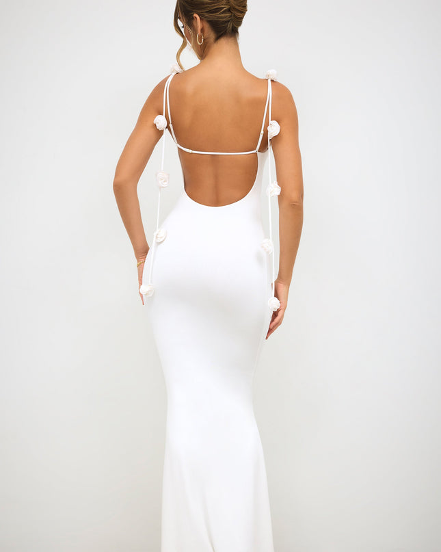White Slinky Jersey Rose Detail Evening Gown