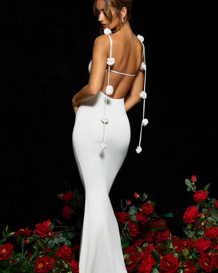 White Slinky Jersey Rose Detail Evening Gown