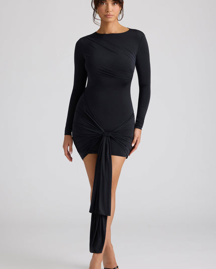 Black Long Sleeve Draped Mini Dress