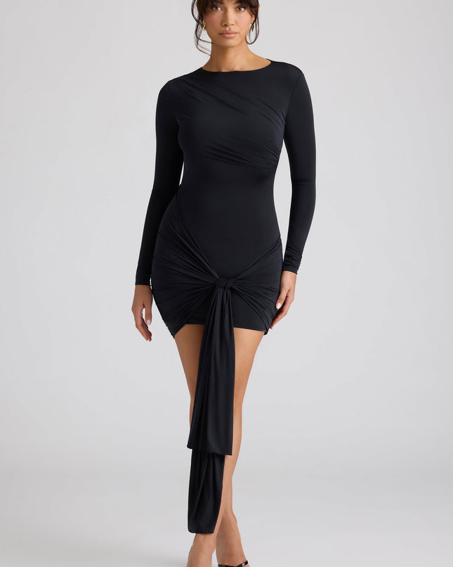 Black Long Sleeve Draped Mini Dress