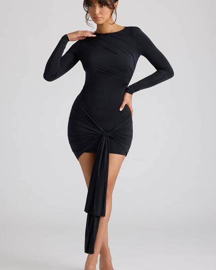 Black Long Sleeve Draped Mini Dress