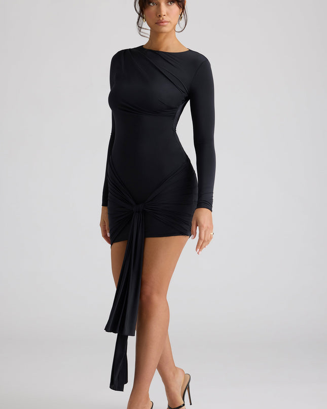 Black Long Sleeve Draped Mini Dress