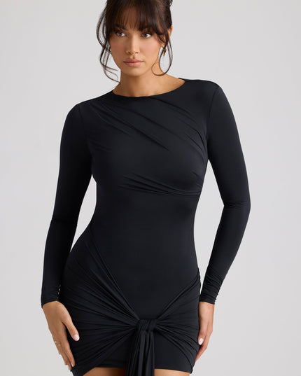 Black Long Sleeve Draped Mini Dress
