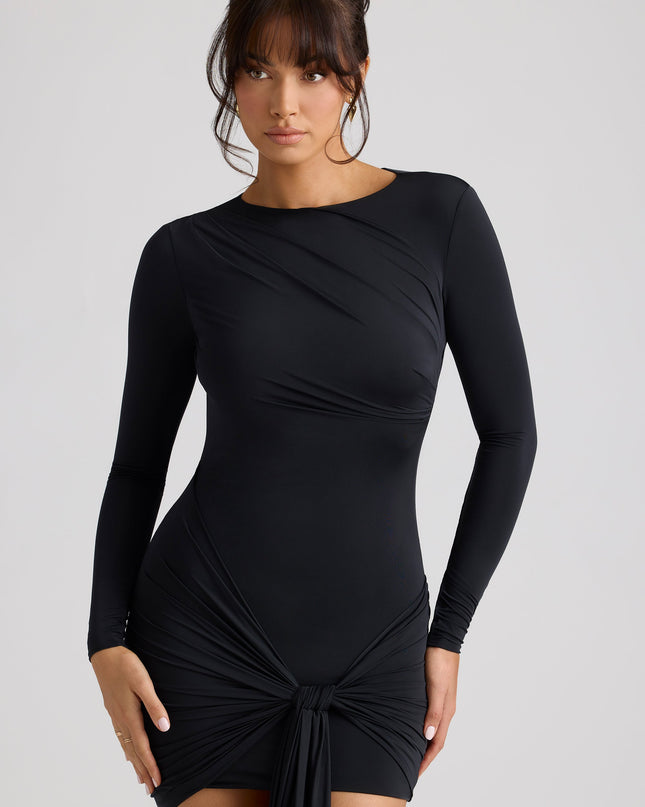 Black Long Sleeve Draped Mini Dress