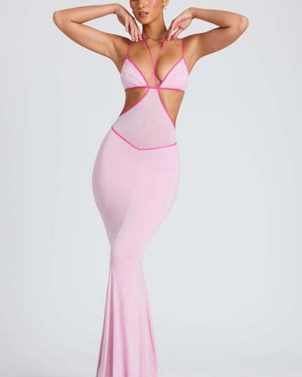 Soft Pink Contrast Binding Cut Out Evening Gown