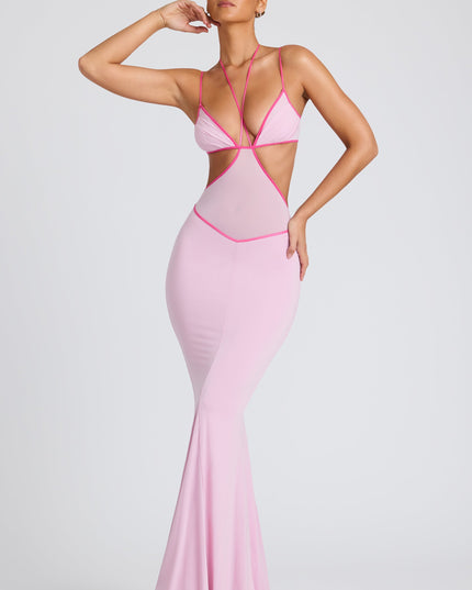 Soft Pink Contrast Binding Cut Out Evening Gown