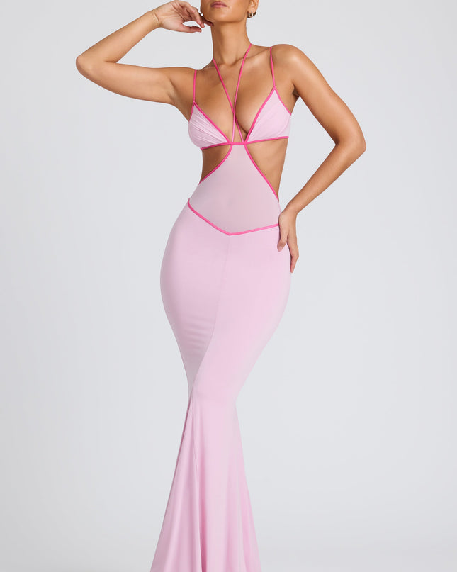 Soft Pink Contrast Binding Cut Out Evening Gown