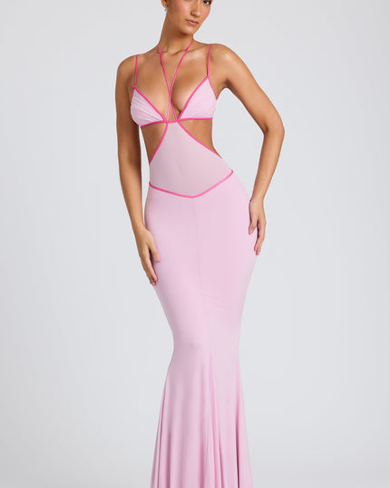 Soft Pink Contrast Binding Cut Out Evening Gown