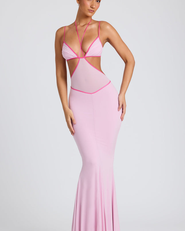 Soft Pink Contrast Binding Cut Out Evening Gown