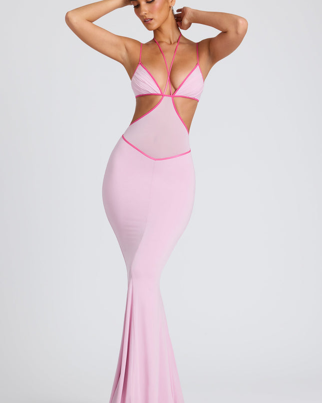 Soft Pink Contrast Binding Cut Out Evening Gown