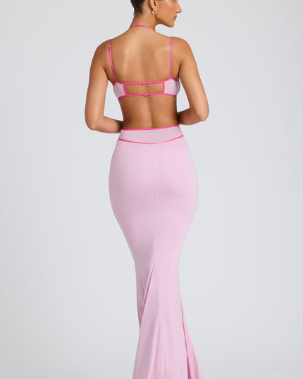 Soft Pink Contrast Binding Cut Out Evening Gown