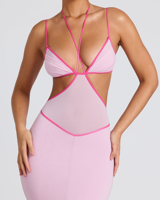 Soft Pink Contrast Binding Cut Out Evening Gown