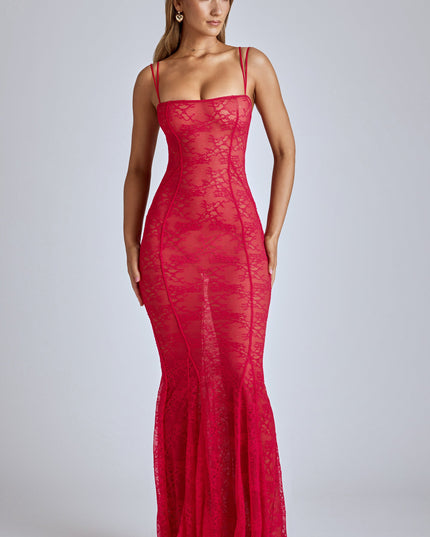 Cherry Red Sheer Lace Fishtail Gown