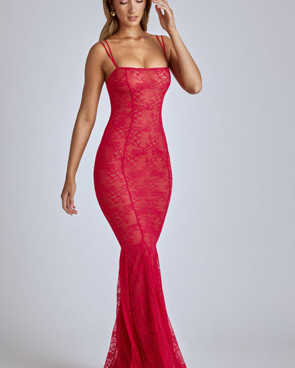Cherry Red Sheer Lace Fishtail Gown