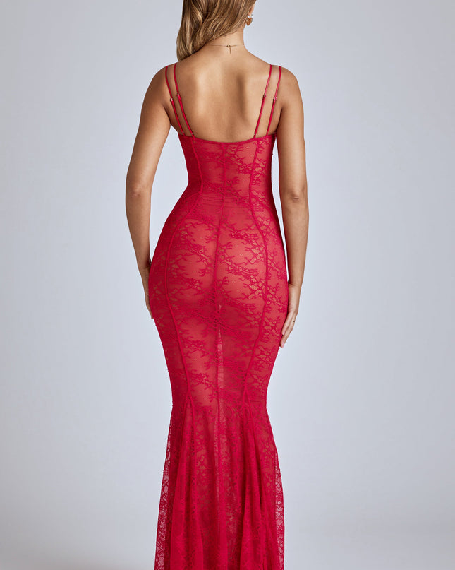 Cherry Red Sheer Lace Fishtail Gown