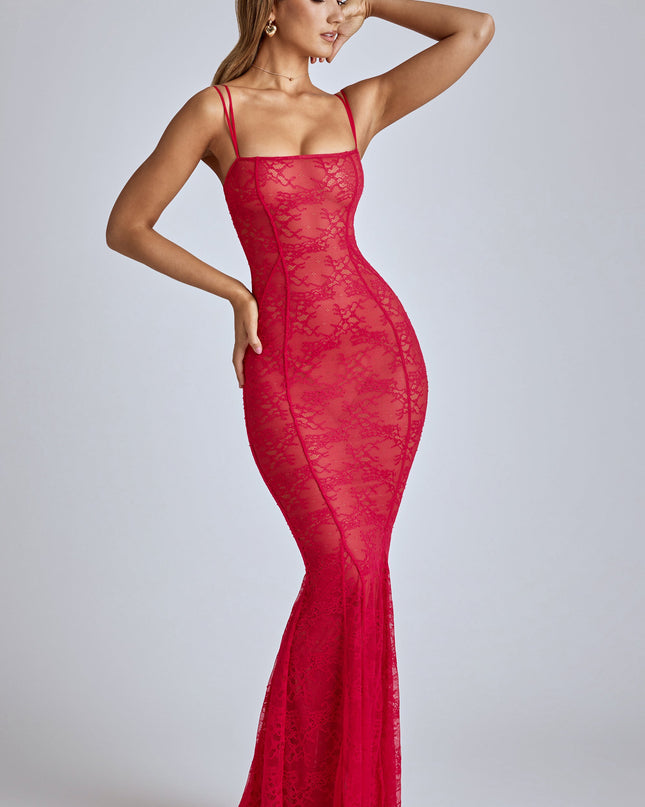 Cherry Red Sheer Lace Fishtail Gown