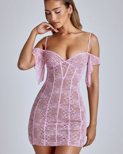 Baby Pink Sheer Lace A-Line Mini Dress