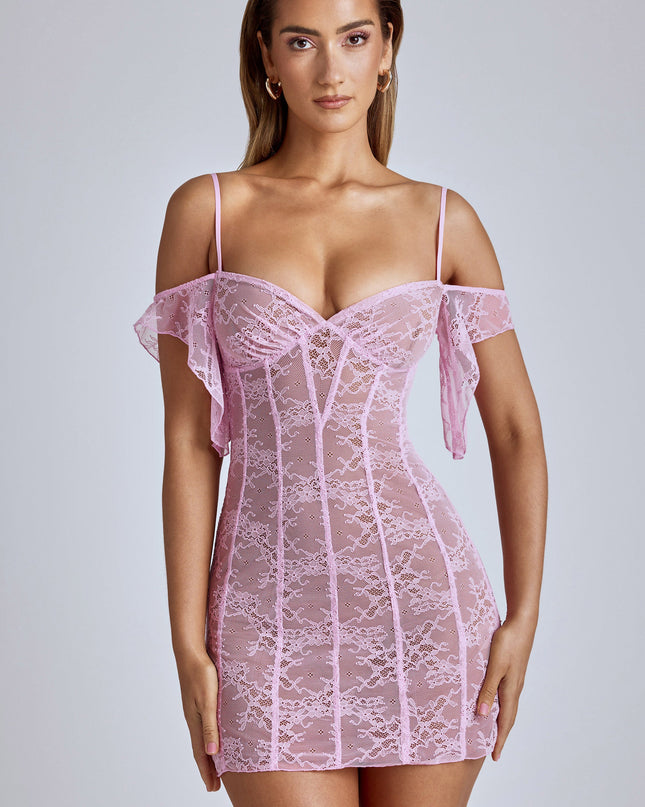 Baby Pink Sheer Lace A-Line Mini Dress