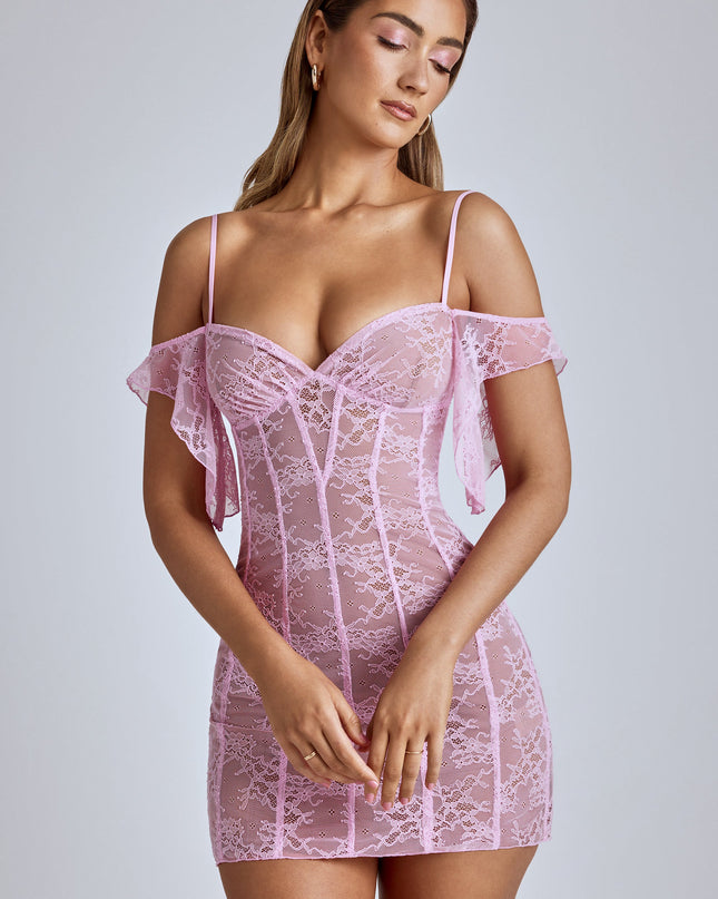 Baby Pink Sheer Lace A-Line Mini Dress