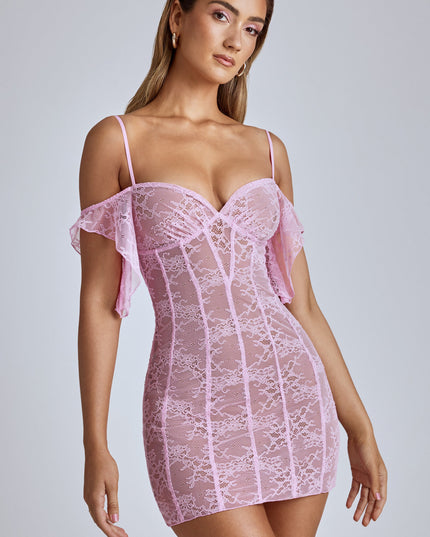 Baby Pink Sheer Lace A-Line Mini Dress