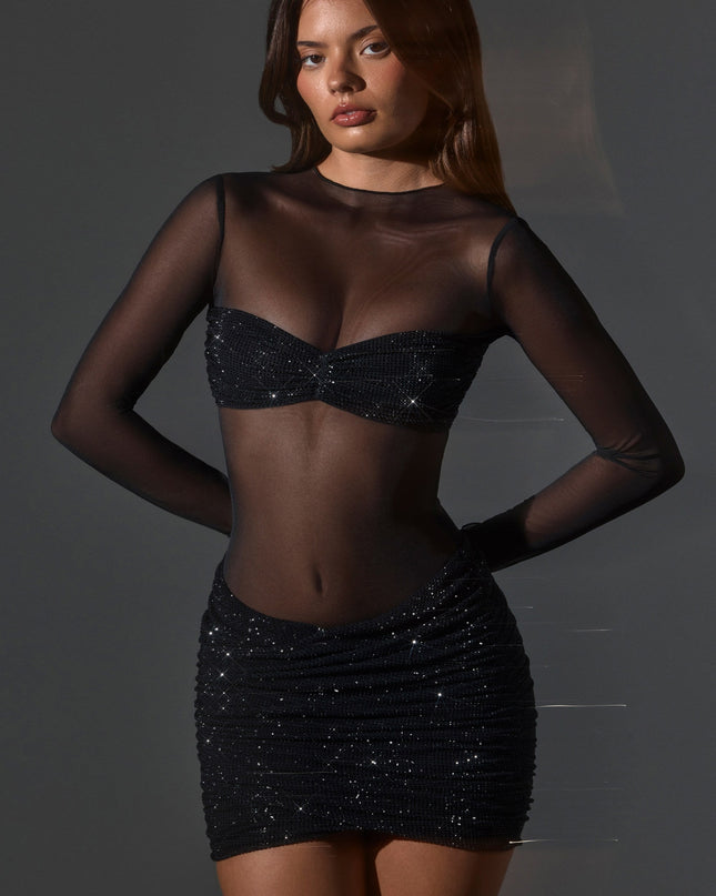 Black Sheer Embellished High-Neck Long Sleeve Mini Dress