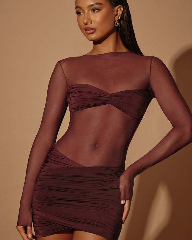 Brown Sheer Panelled Long Sleeve Mini Dress