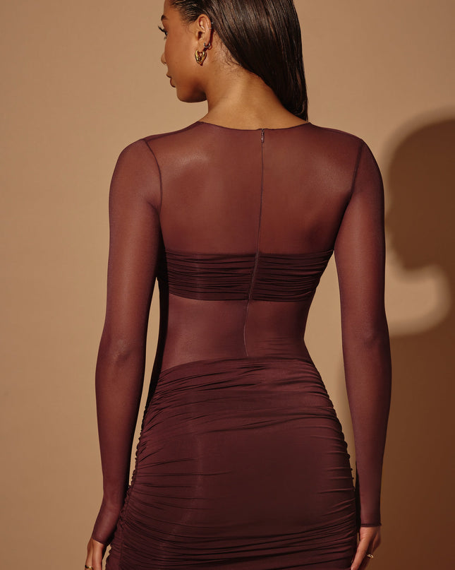 Brown Sheer Panelled Long Sleeve Mini Dress