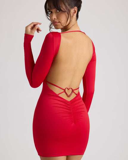 Fire Red Long Sleeve Sweetheart Neckline Mini Dress