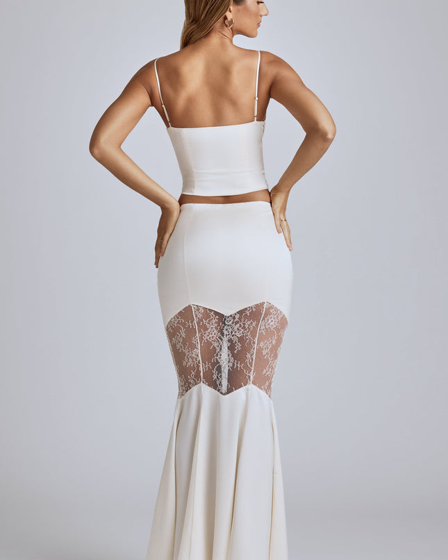 Ivory Lace Panel Fishtail Maxi Skirt
