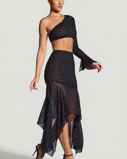 Black Embellished Handkerchief Hem Skirt