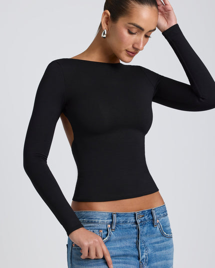 Black Modal High Neck Long Sleeve Open Back Top