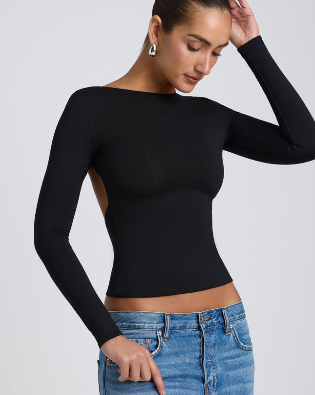Black Modal High Neck Long Sleeve Open Back Top