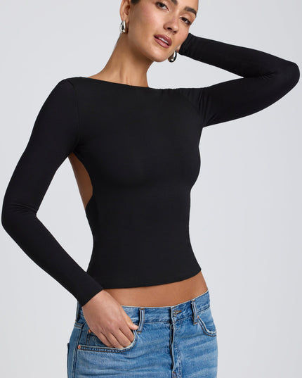 Black Modal High Neck Long Sleeve Open Back Top
