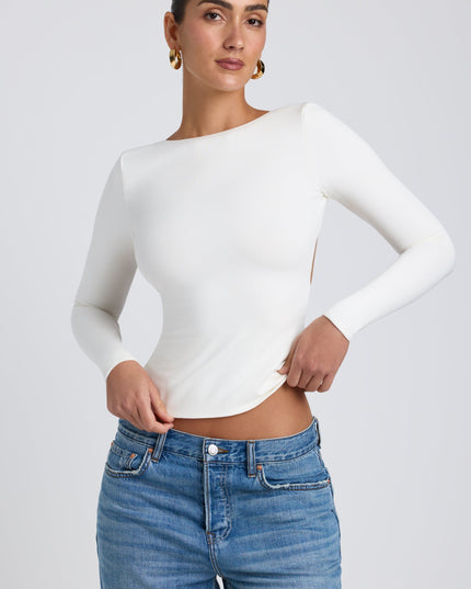 White Modal High Neck Long Sleeve Open Back Top
